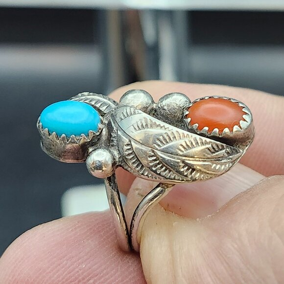 VTG Old Pawn Sterling Silver Turquoise Coral Ring SZ 5.5 Handmade Southwestern - Picture 7 of 9